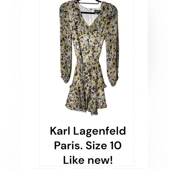 Karl Lagerfeld Ruffled floral sheer babydoll dress,chiffon frill,tiered,tie wrap - Picture 4 of 16